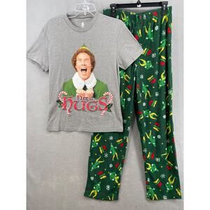 ELF Pajama Set Sz XL Fleece Short Sleeve‎ Green Gray Need Hugs